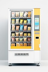Buying Snacks from an Automated Vending Cabinet: Coin-Operated Equipment with Bottles, Cans, Boxes, and Labeled Food Mockups on White. Generative AI