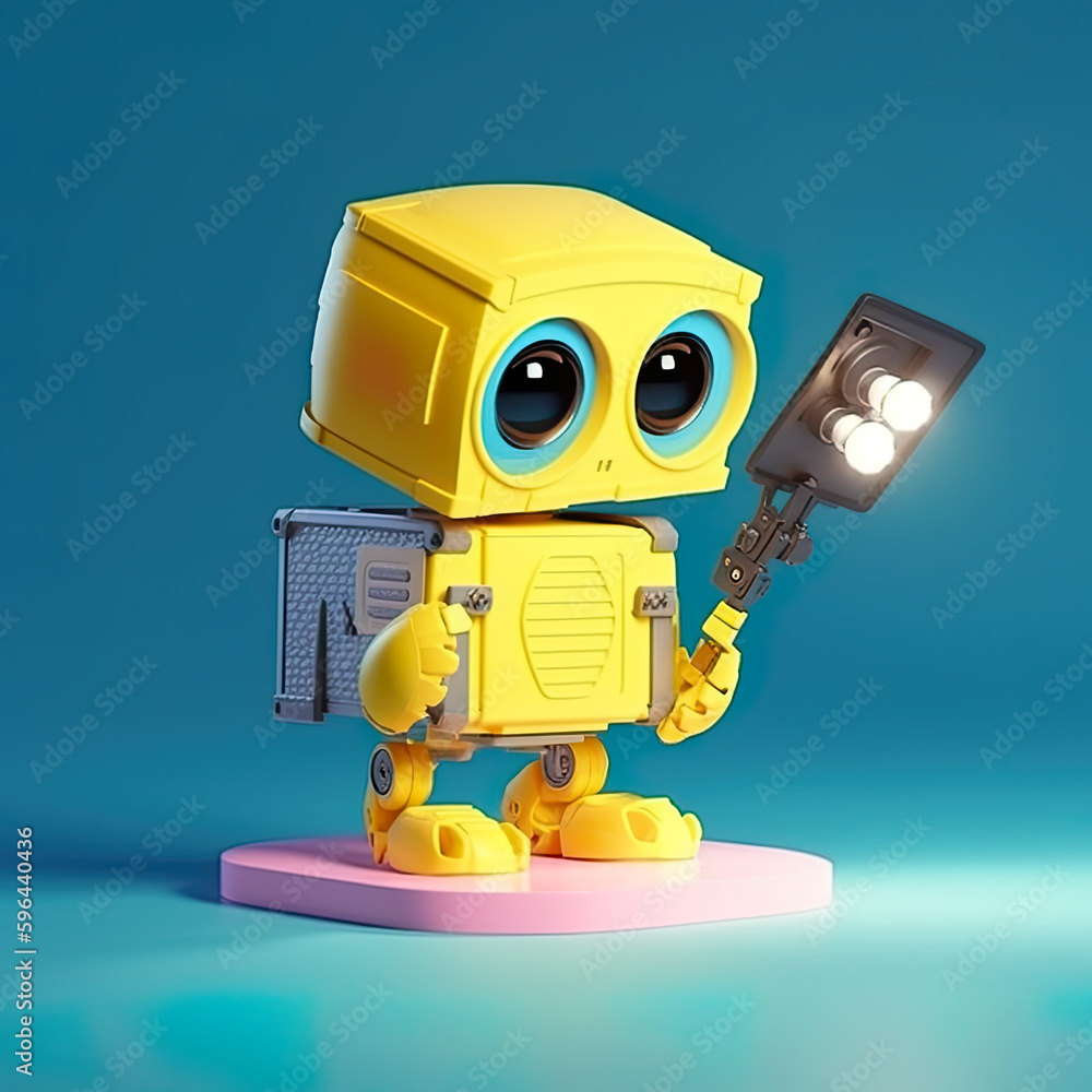 Poster a yellow robot holding a camera and a light. ai generative.