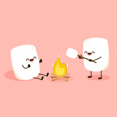 Marshmallow character. Marshmallow piece on skewer roasting on forest bonfire. bonfire vector. Marshmallow cartoon vector. 