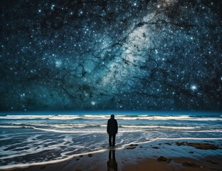 Psychic wave, beach, travel, wanderlust, galaxy, one with nature, standing in awe. generative AI