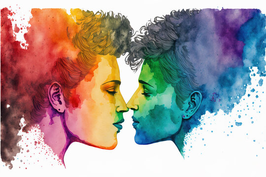 two people kissing, abstract watercolor, white background, colorful picture (AI generated)