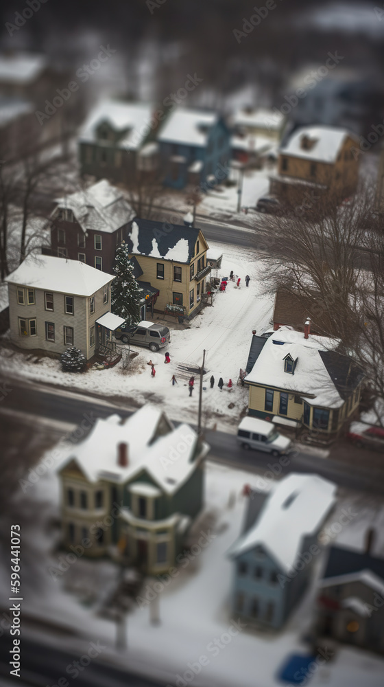 Poster a view of a snow covered neighborhood from a window. ai generative.