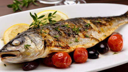 Plate with Mediterranean fish food, generative ai