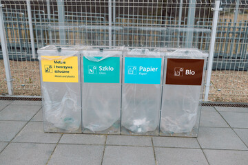Trash bin for plastic waste. Modern colorful refuse bins for separate trash. Environmental...