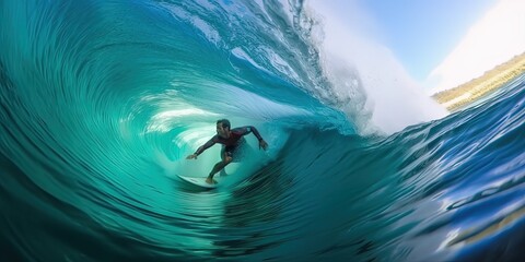 Awesome view of a extreme surf boarder riding epic blue waves in the hot summer sun by ai generative