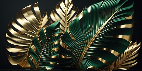 Tropical golden and emerald leaves seamless by ai generative