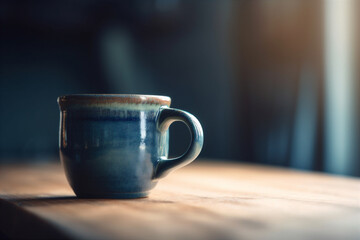 Close-up view of blue ceramic cup on a wooden table with copy space, Generative ai