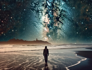 Psychic wave, beach, travel, wanderlust, galaxy, one with nature, standing in awe. generative AI