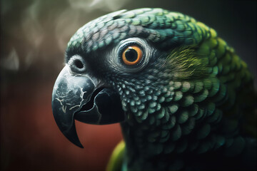 Obraz premium Close-up view of a green parrot on a blurred background. Animal world background, Generative ai
