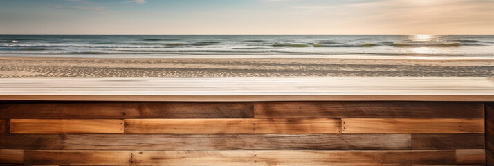 Close up view of bar counter against the sea. Hardwood bar counter background with copy space. Generative ai
