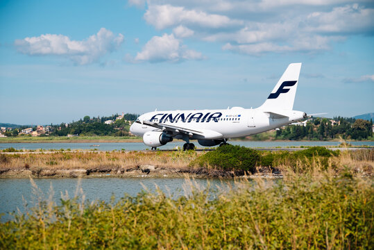 Kerkyra, Greece - 09 24 2022: Corfu Airport, Finnair Plane Takes Off From Runway. Unexpected obstacles and missed flights.