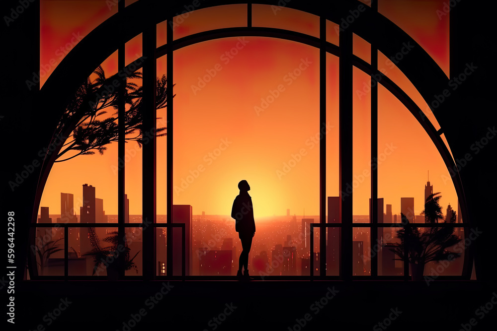 Poster a silhouette of a person standing in front of a window. ai generative.