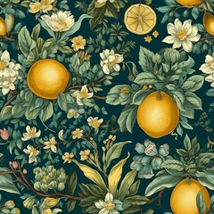 Lemon and Flower Victorian Wallpaper: Seamless Pattern (ai generated)