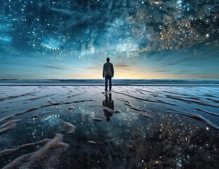 Psychic wave, beach, travel, wanderlust, galaxy, one with nature, standing in awe. generative AI