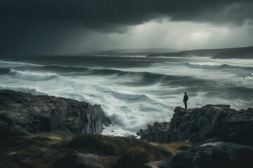 Obraz premium An Individual Standing in the Sea: A Generative AI Perspective