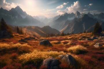 Fototapeta premium The Beauty of Nature: A Flowery Mountain Landscape Generated by AI