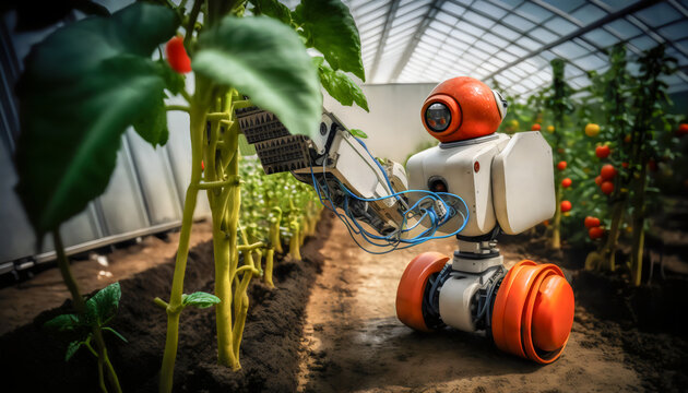 Ein Roboter erntet in einem Gewächshaus Tomaten. Fotorealistische Illustration auf Grundlage generativer KI.