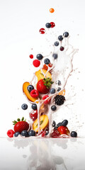 Fresh fruits in milk splash over white background , Generative AI