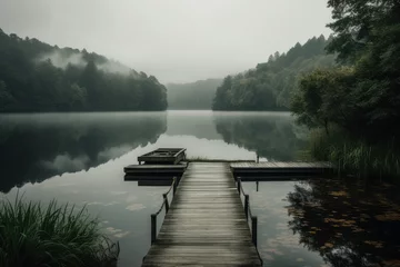 Fotobehang The Tranquility of a Dock and Boat on a Lake: A Generative AI Interpretation © jambulart