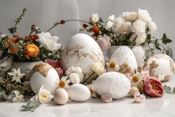 Fototapeta na wymiar white backdrop with Easter floral egg arrangement. Generative AI