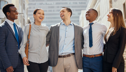A great group of colleagues. Shot of a group of lawyers standing in the city.