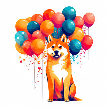 Cute birthday shiba inu dog with balloons, AI generative illustration, clip art, cartoon style