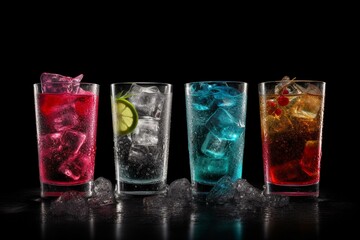 Four vibrant drinks with ice cubes on a black backdrop. Made using tech. Generative AI