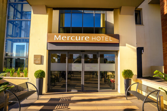 Rome, Italy - December 18, 2022 : Mercure Hotel Entrance located near Rome Fiumicino Leonardo da Vinci Airport.