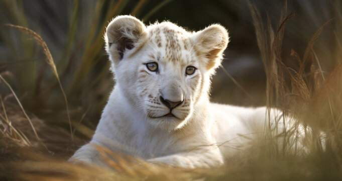 White Lion Cub.  Innocence in the Wild: A Beautiful White Lion Cub in the Long Grass.  Generative AI.