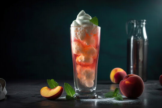 A tall glass filled with ice cream and peaches. AI generative. Dirty soda fizzyrefreshing drink.