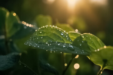 Fototapeta na wymiar Beautiful drops of transparent rain water on a green leaf closeup. Nature green leaf with raindrop background. generative ai
