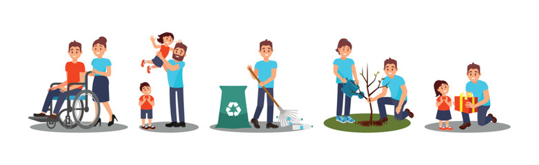 Man and Woman Volunteer Characters Helping Disabled, Planting and Gathering Garbage Vector Illustration Set