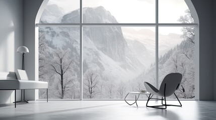 Scandinavian living room, simple minimal white space with minimal accents, winter forest visible through large vindows, AI generative modern stylish interior