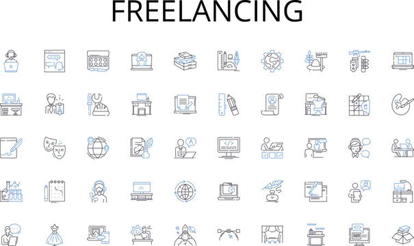 Freelancing line icons collection. Grooming, Wardrobe, Makeup, Dressing, Costume, Green room, Rehearsal vector and linear illustration. Props,Lighting,Sound outline signs set Generative AI