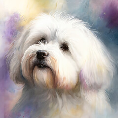 Soft pastel watercolor illustration of a Coton de Tulear with isolated transparent background. Generative AI.