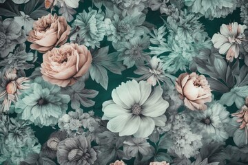 Cold, pastel-colored flowers in a seamless pattern on a gray background. Generative AI