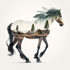 A wild horse under a double earthy exposure of a forestpunk style. Symbol of the American space and of the animal and vegetable wilderness. Generative AI
