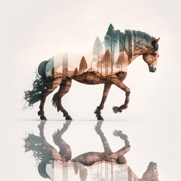 Wild horse in a prairie featured in a double exposure forestpunk style, with subtle & earthly tones. Symbol of the American wilderness, its wildlife and equestrian love. Generative AI