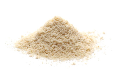 Almonds ground pile isolated on white background, side view  