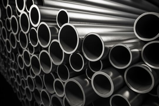 Stacked round metal pipes/tubes. Full background. 3D illustration. Generative AI