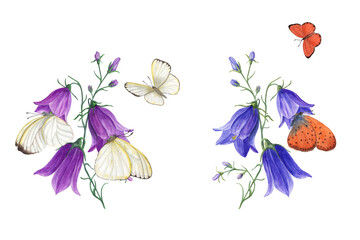 Watercolor set of bouquets with harebells, butterflies isolated on  transparent background. Floral illustration for Save the date, Valentine's day, birthday and mother’s day cards, wedding invitation