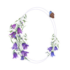 Watercolor frame with campanulas, wild oats and butterfly isolated on white background. Perfect for postcard design, invitation template, birthday, wedding, mother day cards