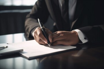 signature man business document lawyer hand businessman office group writing contract. Generative AI.