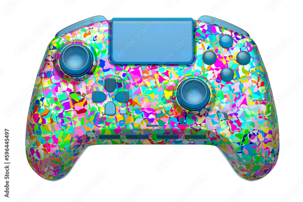 Poster realistic video game joystick with mosaic seamless pattern on white background