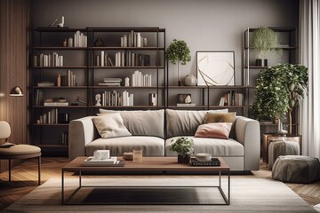 Modern living room with stylish sofa, books, and decorations. Generative AI