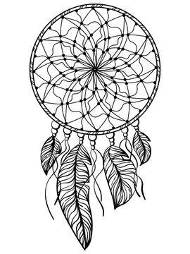 Dreamcatcher meditative coloring page, simple wicker mandala, decorative feathers with beads and threads