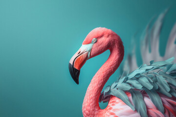 Pink flamingo in tropical leaves on a blue background AI generative