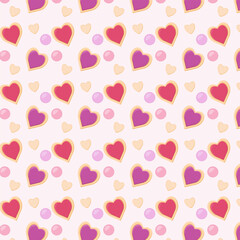 Seamless pattern with hearts. Colorful biscuits with candy drops. Textile, wallpaper, paper, decoration, background.