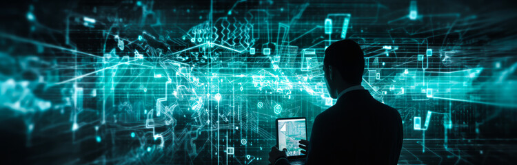 Businessman using a tablet phone to save and protect his business. Futuristic geometric abstraction, circuits, Bokeh and light and teal colors. Generative AI