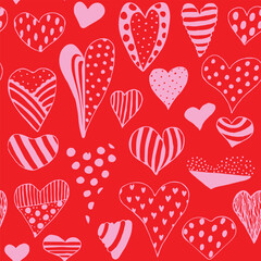 Red Hearts on a Light Pink Background seamless pattern. Cute Hand Drawn Heart. Tiny Pink Heart on a Red Layout. Style Romantic Print for Fabric, Textile, Valentines. Vector illustration
